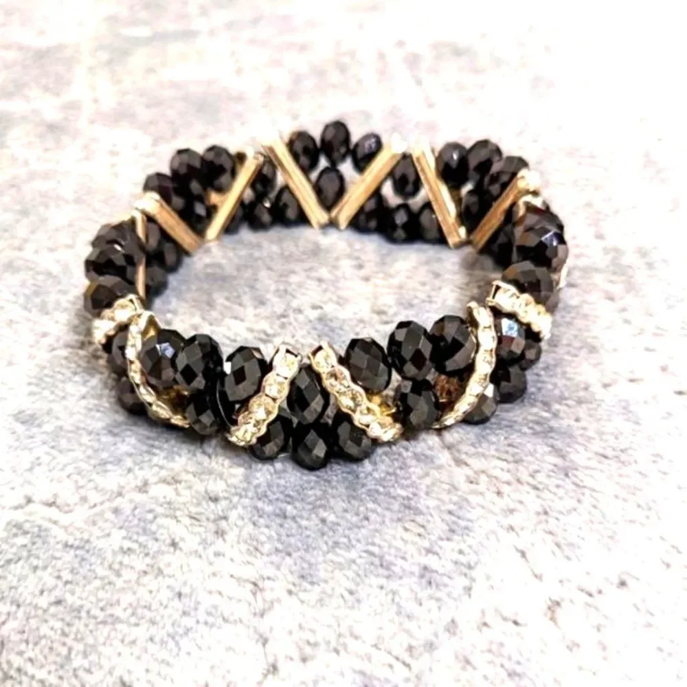 Vintage Black Crystal Bead Stretchy Bracelet with Rhinestone Accents
